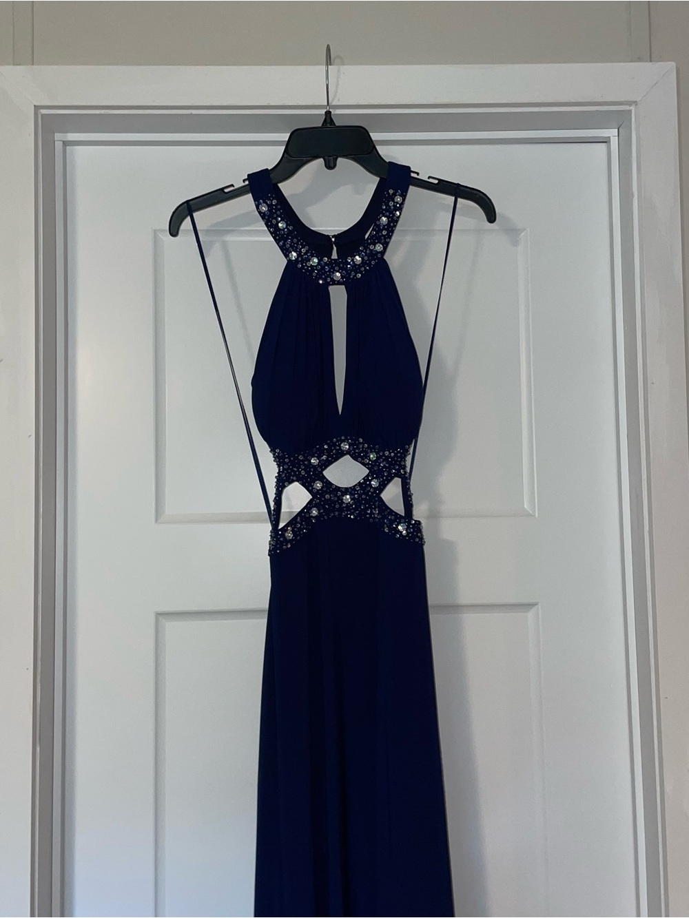 Elegant Navy Beaded Cutout Halter Prom Dress